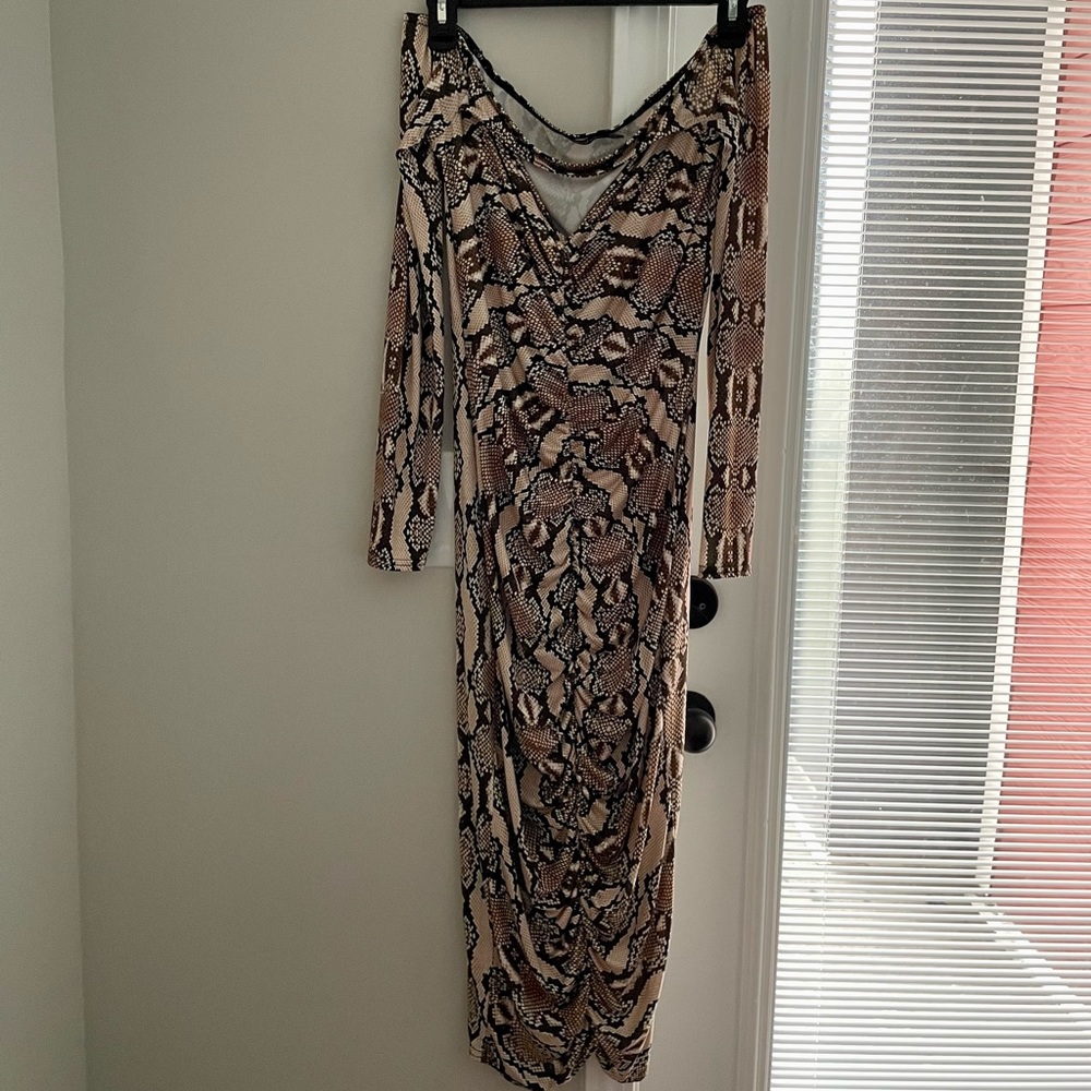 Snake skin off the shoulder dress